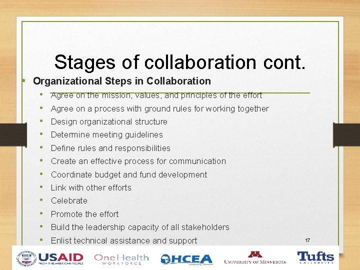 Stages of collaboration cont. • Organizational Steps in Collaboration • • • Agree on