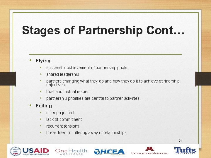 Stages of Partnership Cont… • Flying • • • successful achievement of partnership goals