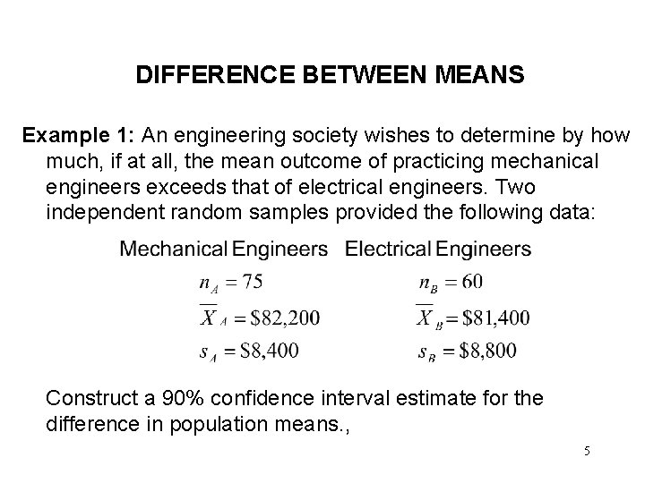 DIFFERENCE BETWEEN MEANS Example 1: An engineering society wishes to determine by how much,