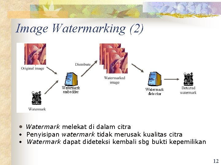 Image Watermarking (2) • Watermark melekat di dalam citra • Penyisipan watermark tidak merusak