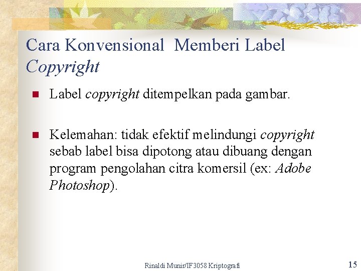 Cara Konvensional Memberi Label Copyright n Label copyright ditempelkan pada gambar. n Kelemahan: tidak