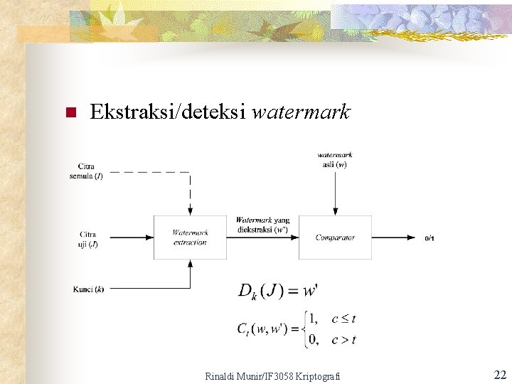 n Ekstraksi/deteksi watermark Rinaldi Munir/IF 3058 Kriptografi 22 