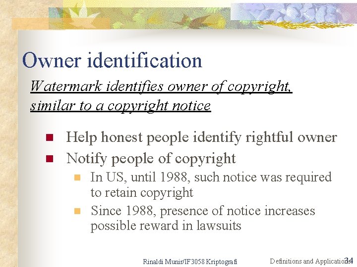 Owner identification Watermark identifies owner of copyright, similar to a copyright notice n n