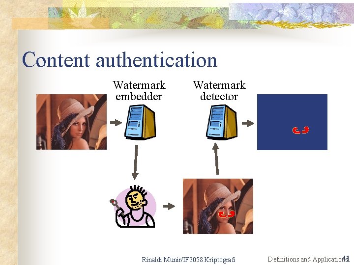 Content authentication Watermark embedder Watermark detector Rinaldi Munir/IF 3058 Kriptografi Definitions and Applications 41