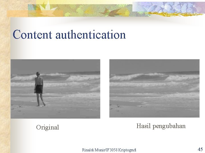 Content authentication Original Hasil pengubahan Rinaldi Munir/IF 3058 Kriptografi 45 