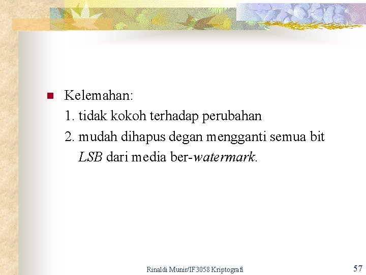 n Kelemahan: 1. tidak kokoh terhadap perubahan 2. mudah dihapus degan mengganti semua bit