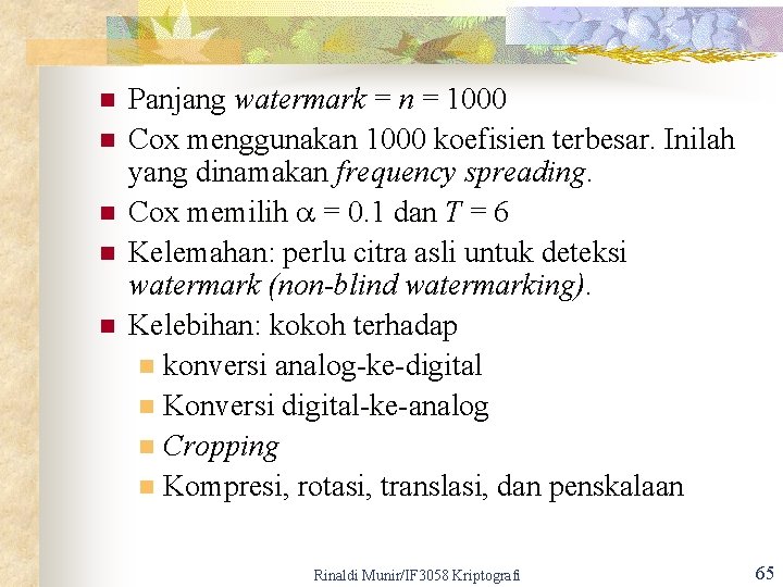 n n n Panjang watermark = n = 1000 Cox menggunakan 1000 koefisien terbesar.