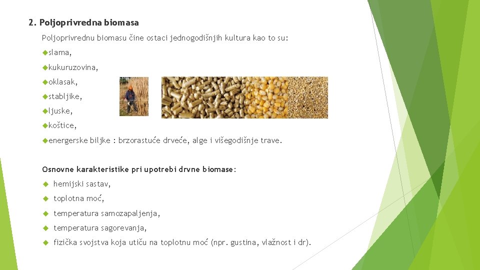 2. Poljoprivredna biomasa Poljoprivrednu biomasu čine ostaci jednogodišnjih kultura kao to su: slama, kukuruzovina,