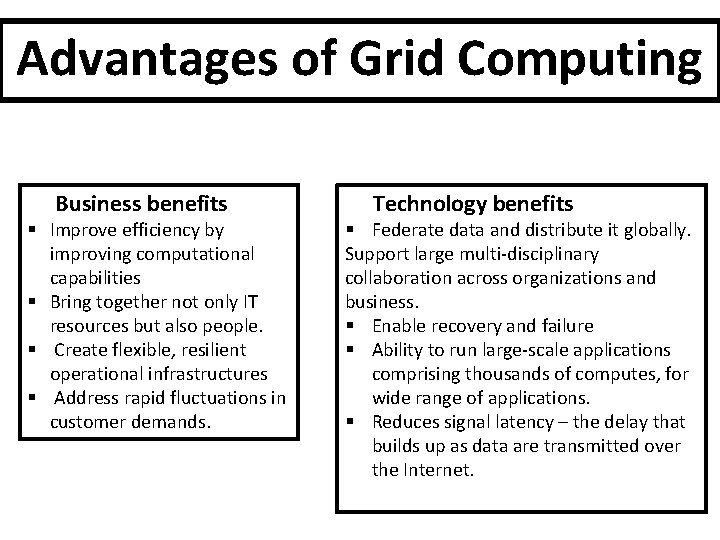 Advantages of Grid Computing Business benefits § Improve efficiency by improving computational capabilities §