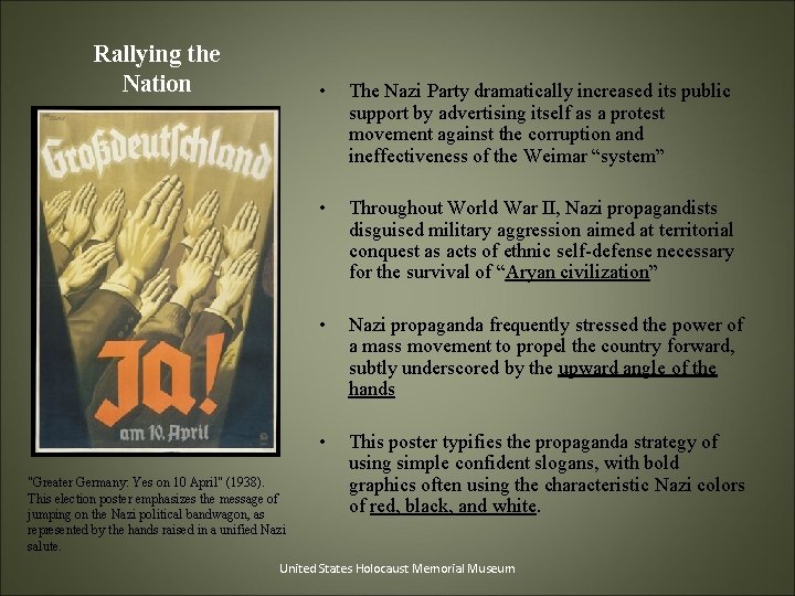 Rallying the Nation "Greater Germany: Yes on 10 April" (1938). This election poster emphasizes