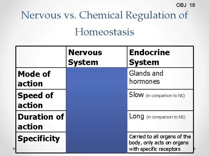 OBJ 18 Nervous vs. Chemical Regulation of Homeostasis Nervous System Mode of action Speed