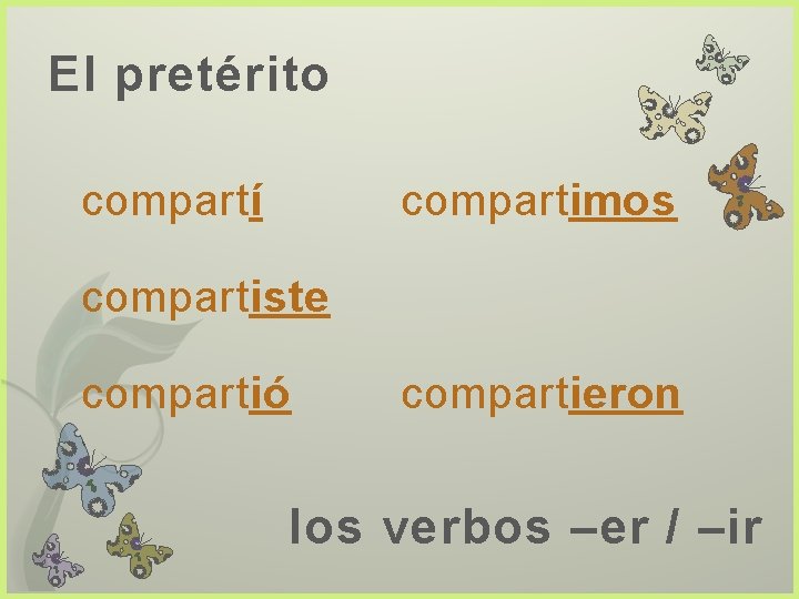 El pretérito compartí compartimos compartiste compartió compartieron los verbos –er / –ir 