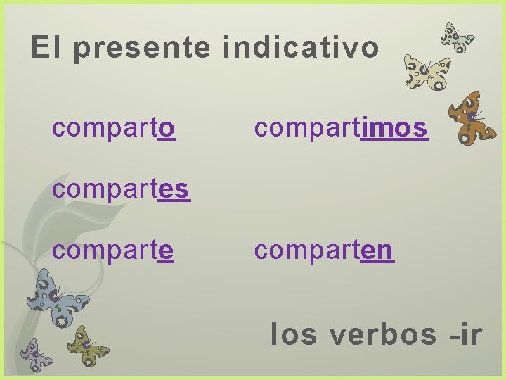 El presente indicativo compartimos comparten los verbos -ir 