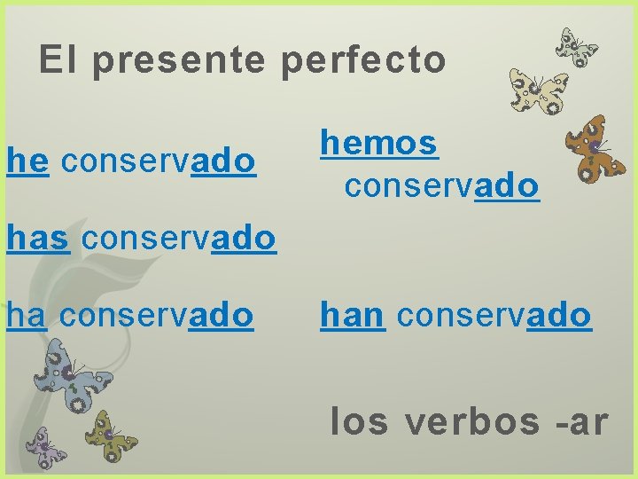 El presente perfecto he conservado hemos conservado han conservado los verbos -ar 