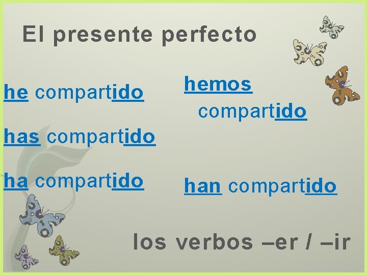 El presente perfecto he compartido hemos compartido han compartido los verbos –er / –ir