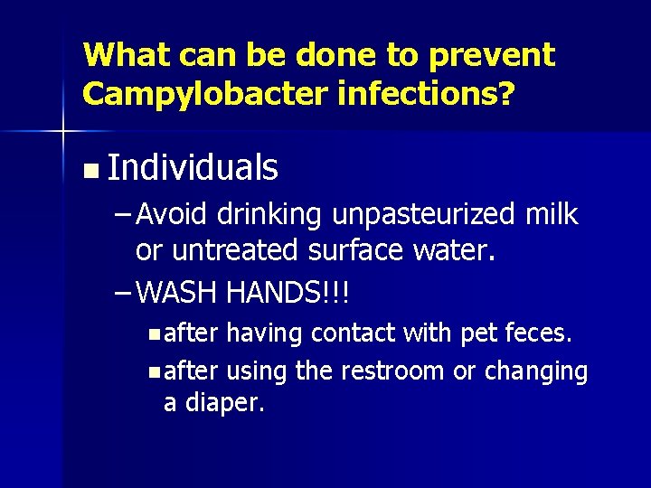What can be done to prevent Campylobacter infections? n Individuals – Avoid drinking unpasteurized
