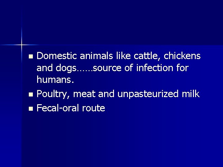 Domestic animals like cattle, chickens and dogs……source of infection for humans. n Poultry, meat