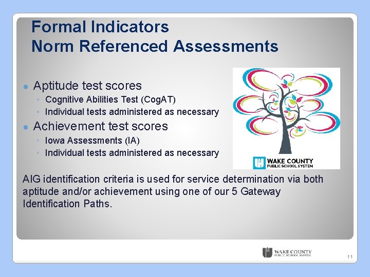 Formal Indicators Norm Referenced Assessments ● Aptitude test scores ◦ Cognitive Abilities Test (Cog.