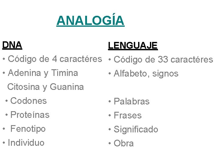 ANALOGÍA DNA LENGUAJE • Código de 4 caractéres • Código de 33 caractéres •
