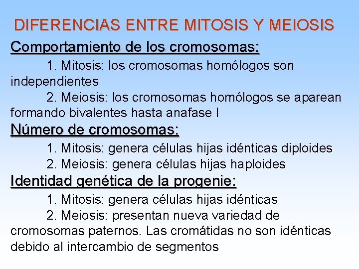 DIFERENCIAS ENTRE MITOSIS Y MEIOSIS Comportamiento de los cromosomas: 1. Mitosis: los cromosomas homólogos
