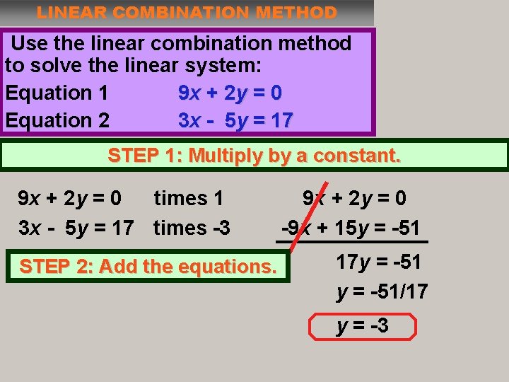 LINEAR COMBINATION METHOD Use the linear combination method to solve the linear system: Equation LINEAR COMBINATION METHOD Use the linear combination method to solve the linear system: Equation