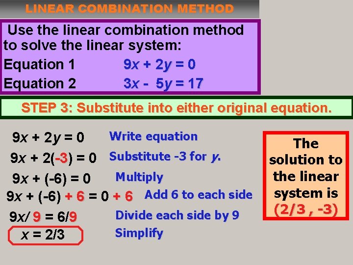 LINEAR COMBINATION METHOD Use the linear combination method to solve the linear system: Equation LINEAR COMBINATION METHOD Use the linear combination method to solve the linear system: Equation