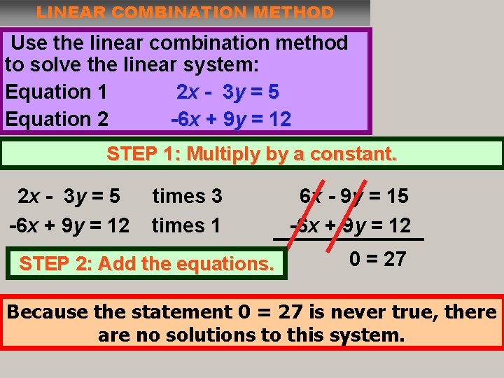 LINEAR COMBINATION METHOD Use the linear combination method to solve the linear system: Equation LINEAR COMBINATION METHOD Use the linear combination method to solve the linear system: Equation