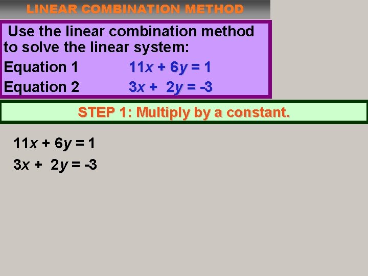LINEAR COMBINATION METHOD Use the linear combination method to solve the linear system: Equation LINEAR COMBINATION METHOD Use the linear combination method to solve the linear system: Equation