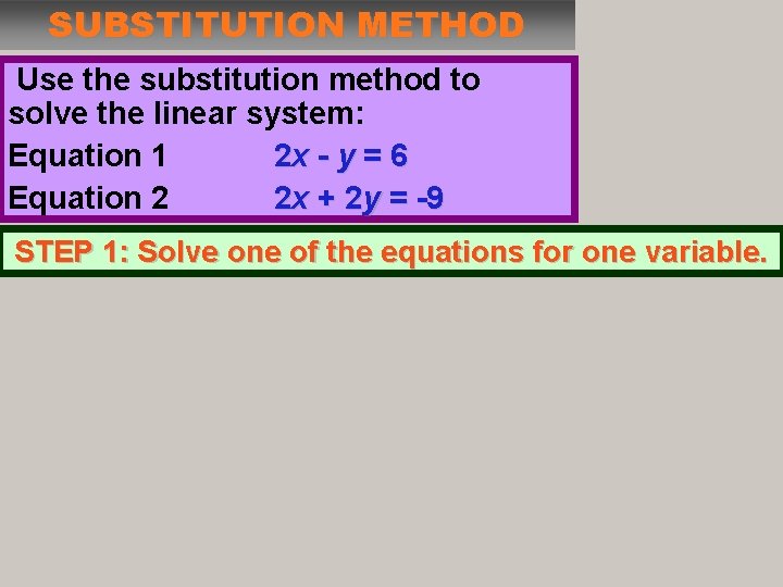 SUBSTITUTION METHOD Use the substitution method to solve the linear system: Equation 1 2 SUBSTITUTION METHOD Use the substitution method to solve the linear system: Equation 1 2