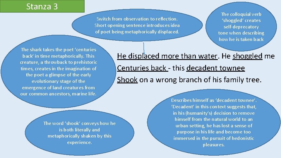 Stanza 3 Switch from observation to reflection. Short opening sentence introduces idea of poet