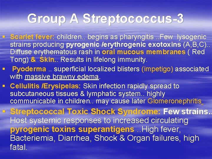 Group A Streptococcus-3 § Scarlet fever: children. . begins as pharyngitis. . Few lysogenic
