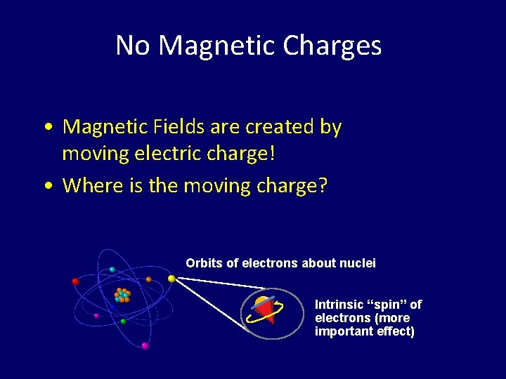 No Magnetic Charges • Magnetic Fields are created by moving electric charge! • Where