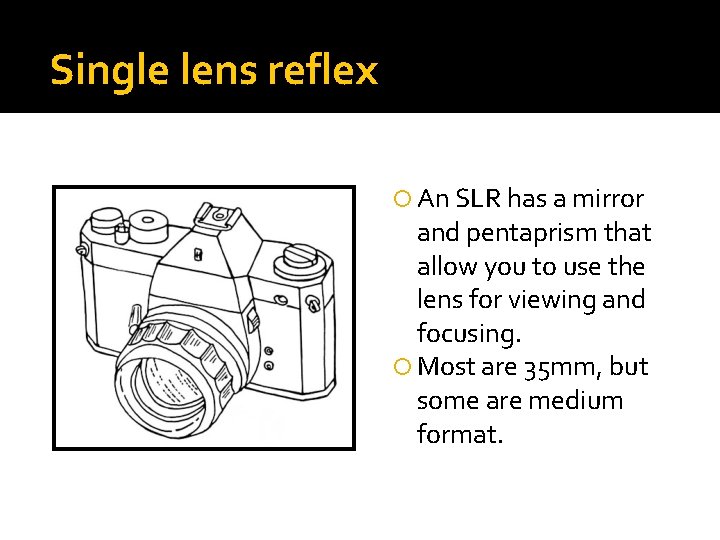 Single lens reflex An SLR has a mirror and pentaprism that allow you to