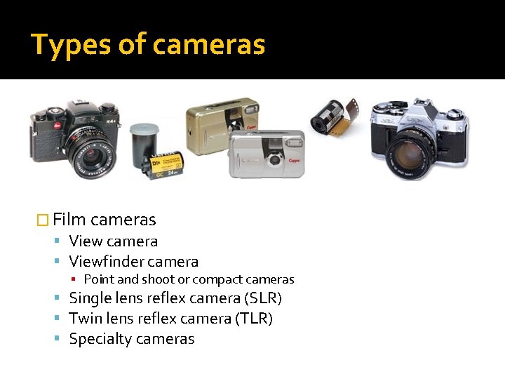 Types of cameras � Film cameras View camera Viewfinder camera ▪ Point and shoot