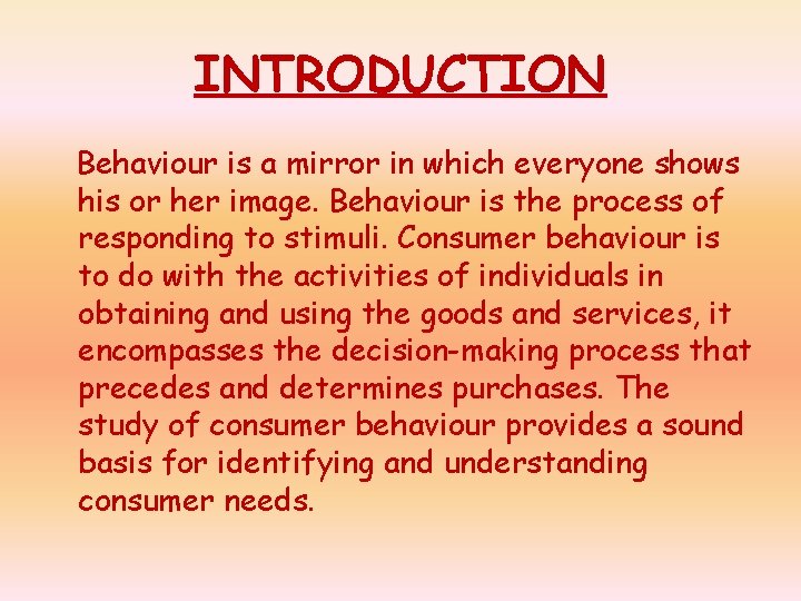 INTRODUCTION Behaviour is a mirror in which everyone shows his or her image. Behaviour