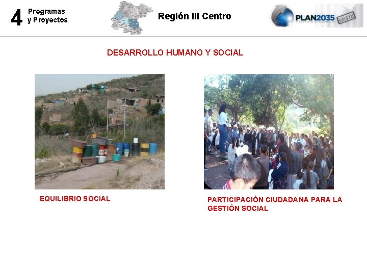 4 Programas y Proyectos Región III Centro DESARROLLO HUMANO Y SOCIAL EQUILIBRIO SOCIAL PARTICIPACIÓN