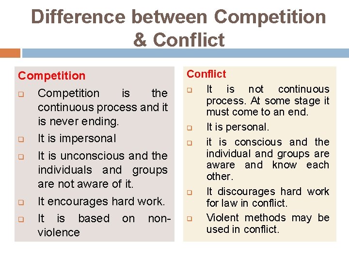 Difference between Competition & Conflict Competition q Competition is the continuous process and it