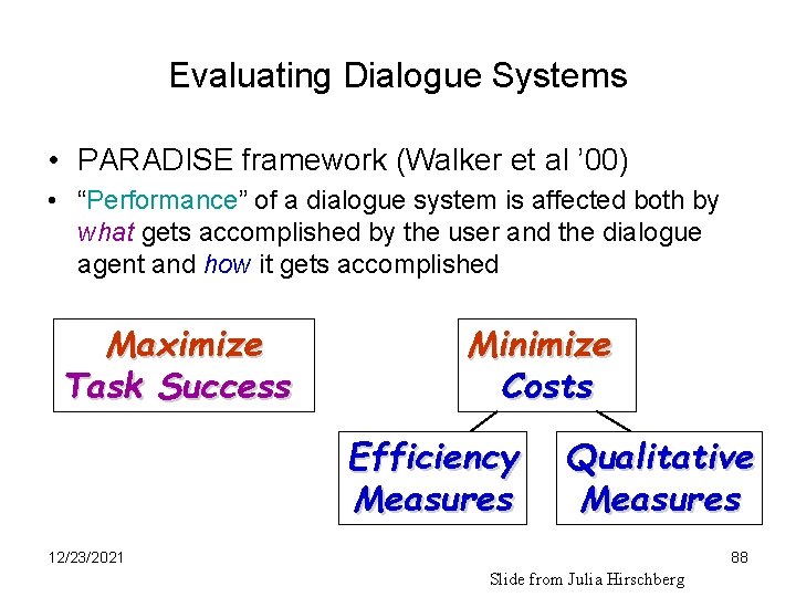 Evaluating Dialogue Systems • PARADISE framework (Walker et al ’ 00) • “Performance” of