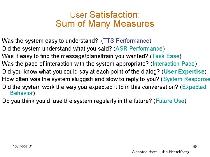 User Satisfaction: Sum of Many Measures Was the system easy to understand? (TTS Performance)
