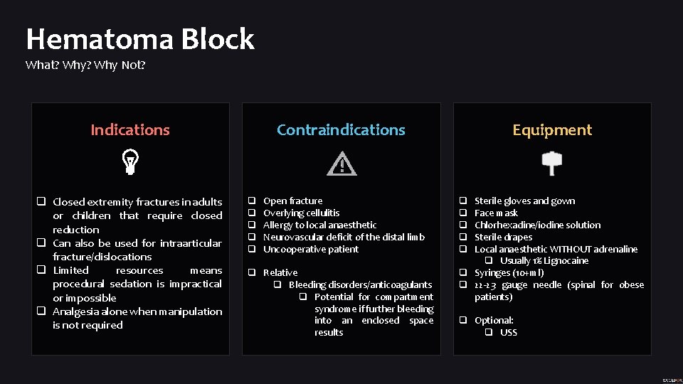 Hematoma Block What? Why Not? Indications q Closed extremity fractures in adults or children