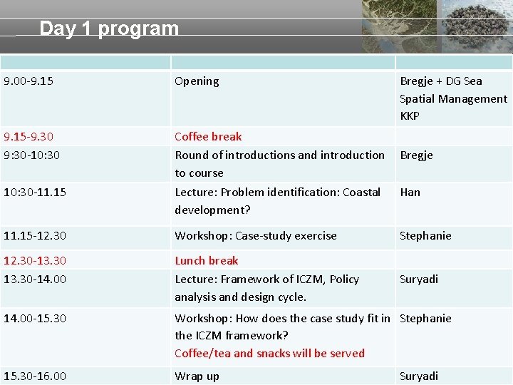 Day 1 program 9. 00 -9. 15 Opening Bregje + DG Sea Spatial Management