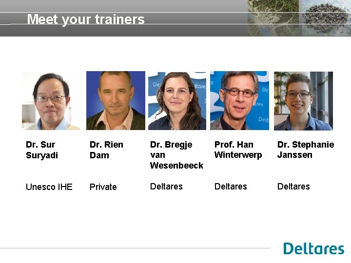 Meet your trainers Dr. Suryadi Dr. Rien Dam Dr. Bregje van Wesenbeeck Prof. Han