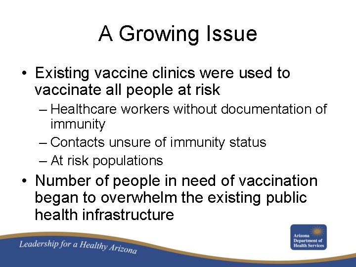 A Growing Issue • Existing vaccine clinics were used to vaccinate all people at