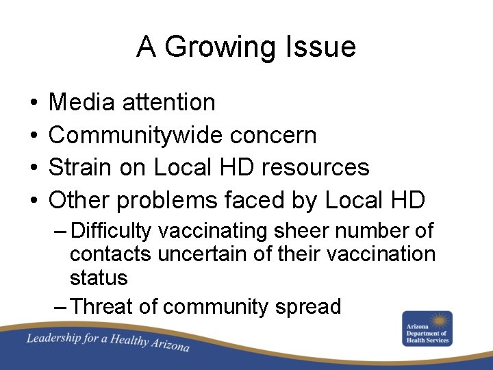 A Growing Issue • • Media attention Communitywide concern Strain on Local HD resources