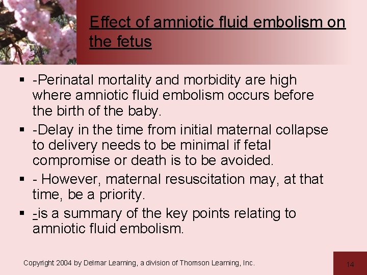 Effect of amniotic fluid embolism on the fetus § -Perinatal mortality and morbidity are