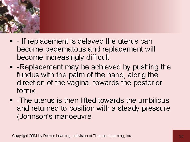 § - If replacement is delayed the uterus can become oedematous and replacement will