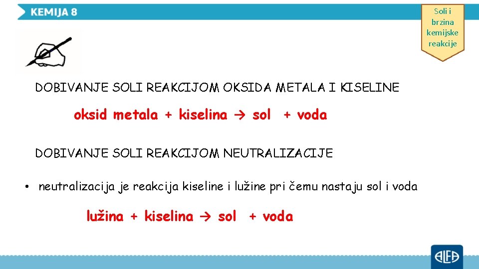 Soli i brzina kemijske reakcije DOBIVANJE SOLI REAKCIJOM OKSIDA METALA I KISELINE oksid metala