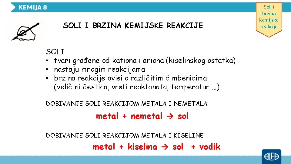 SOLI I BRZINA KEMIJSKE REAKCIJE SOLI • tvari građene od kationa i aniona (kiselinskog