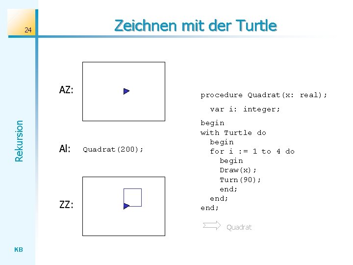 Zeichnen mit der Turtle 24 AZ: procedure Quadrat(x: real); Rekursion var i: integer; Al: