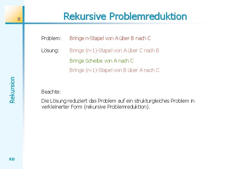 Rekursive Problemreduktion 8 Problem: Bringe n-Stapel von A über B nach C Lösung: Bringe